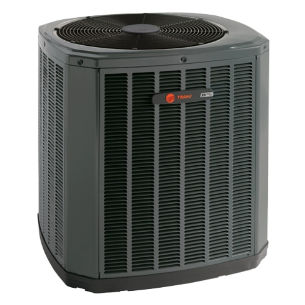 Outdoor air conditioning unit against black background.