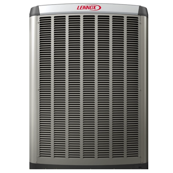 Lennox air conditioning unit, front view.