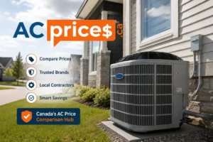 AC repair cost in Canada showing an air conditioner technician inspecting a central AC unit