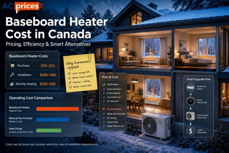 Baseboard Heater Cost in Canada showing realistic electric baseboard heaters, installation and operating costs, energy efficiency comparison, and heat pump alternatives for Canadian homes.