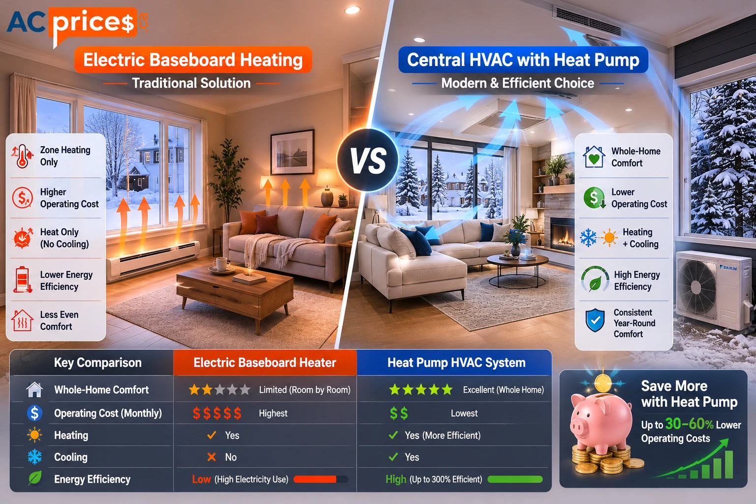 Baseboard heater vs central HVAC system comparison.
