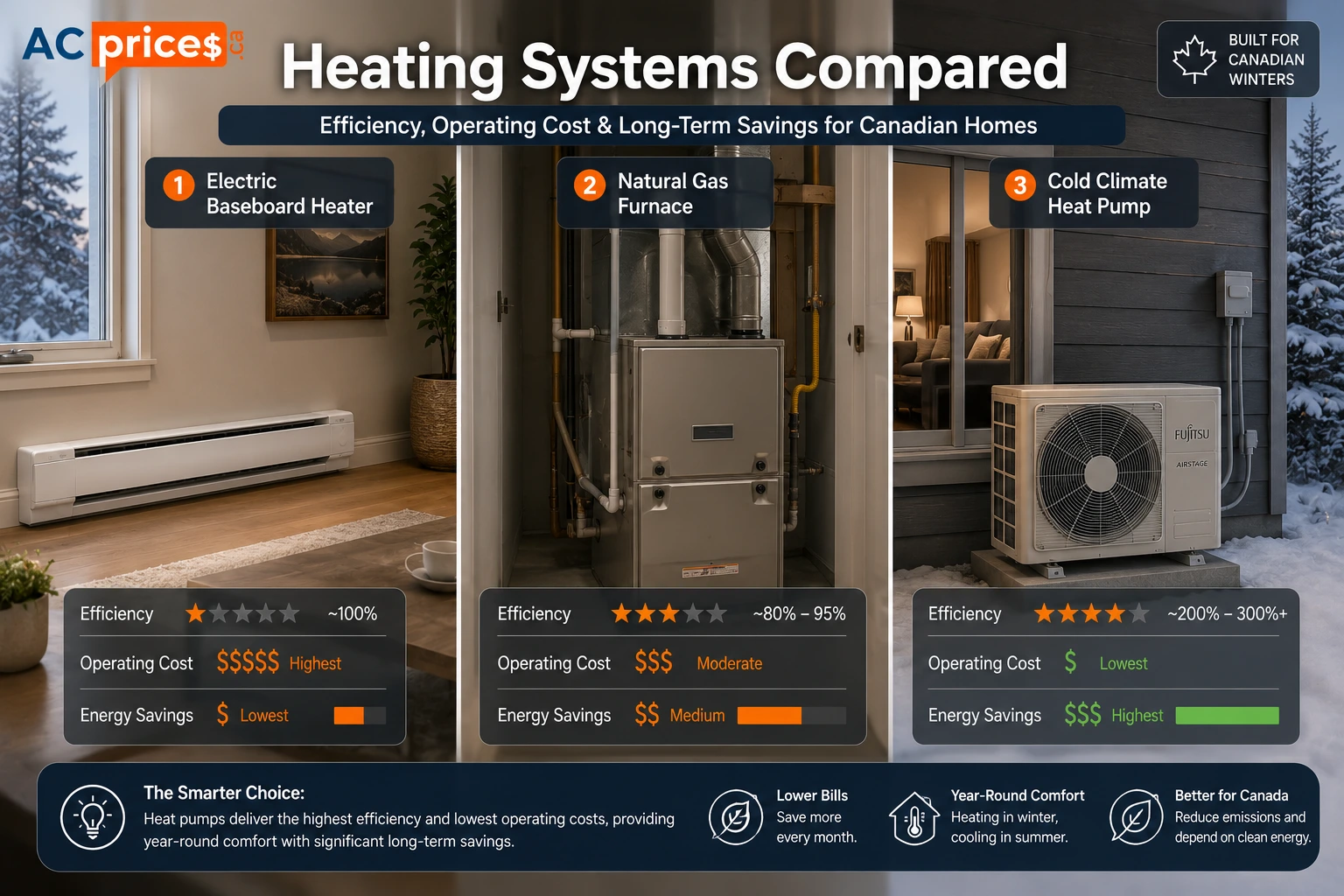 Baseboard heater vs heat pump energy efficiency comparison.