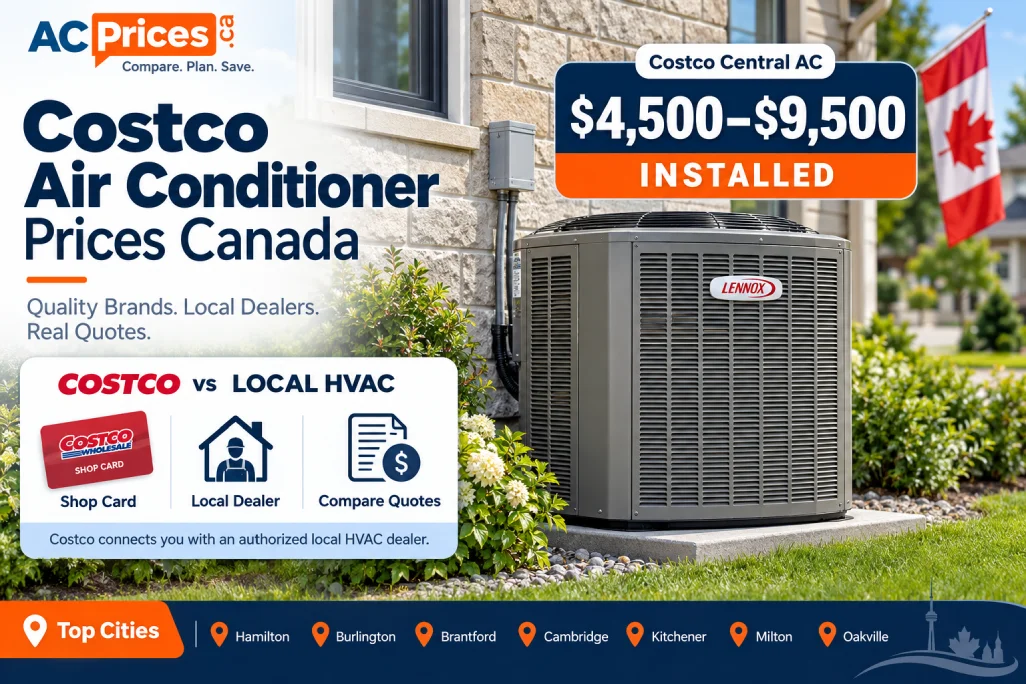 Costco air conditioner prices in Canada range from $4,500 to $9,500 installed for central AC systems