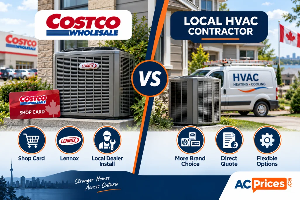 Costco vs local HVAC contractor comparison with Lennox AC units, Shop Card, dealer installation, quotes and flexible options.