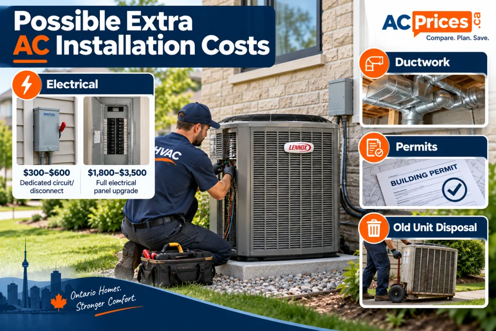 Possible extra AC installation costs showing electrical, ductwork, permits and old unit disposal beside an Ontario home.