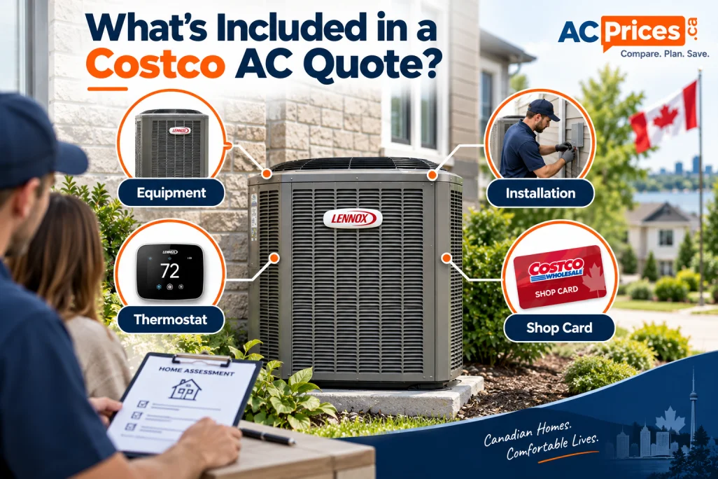 Costco AC quote showing Lennox equipment, installation, thermostat and Shop Card beside a Canadian suburban home.