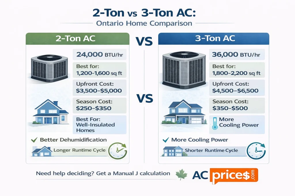 Side-by-side comparison of 2-ton and 3-ton AC units showing costs, capacity, and best uses for Ontario homes