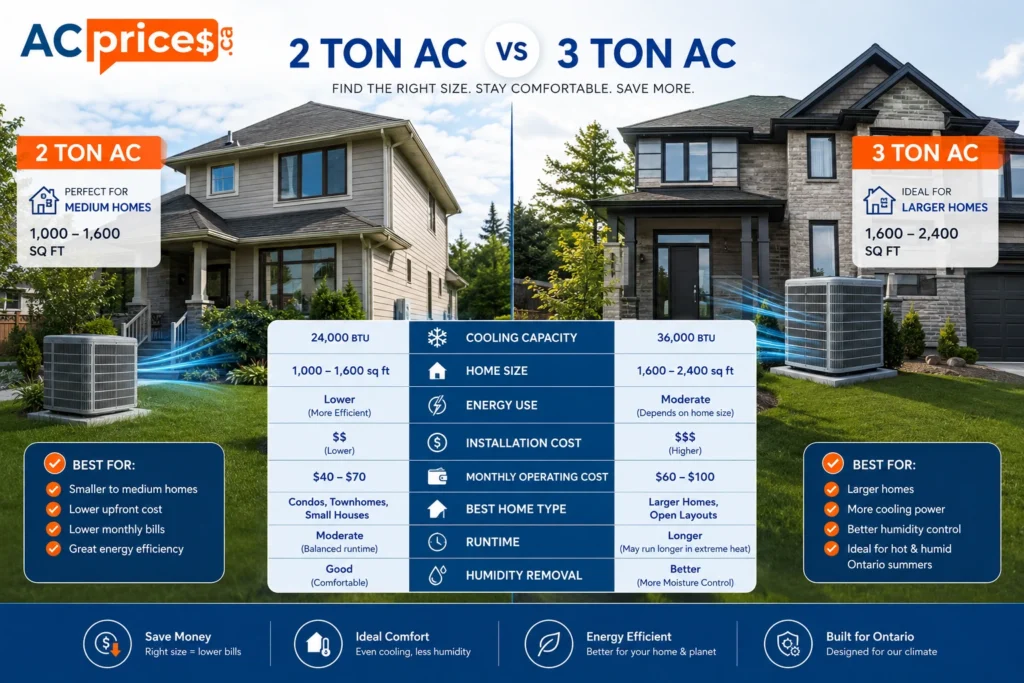2 ton vs 3 ton central air conditioner comparison Ontario