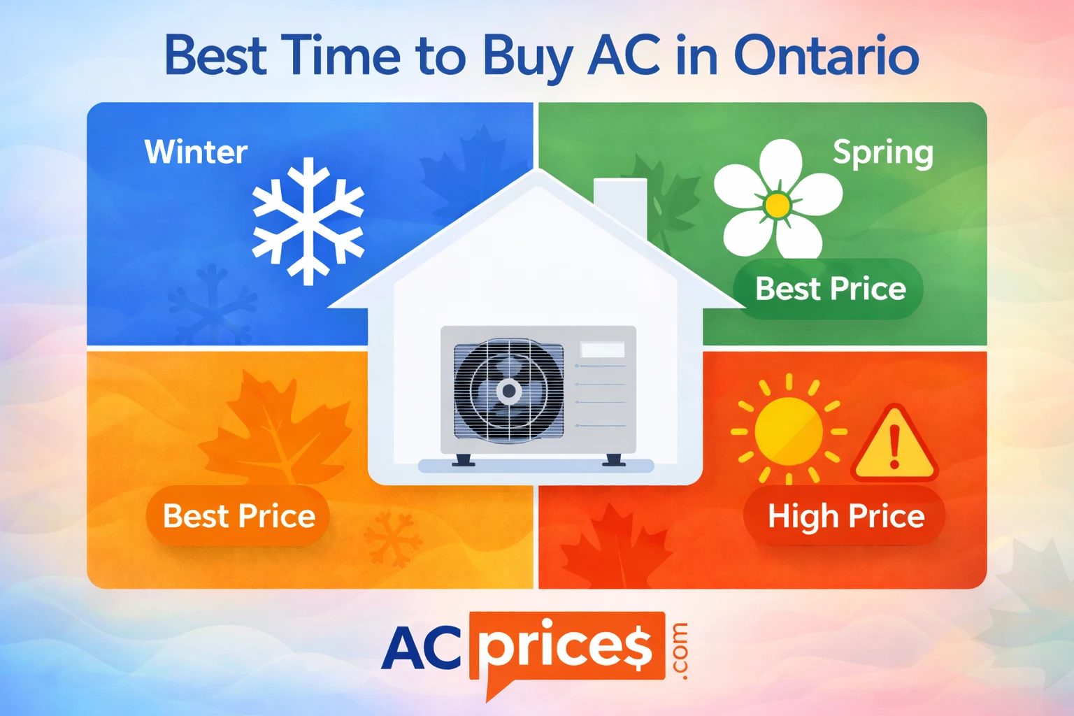 Best time to buy AC in Ontario showing seasonal pricing calendar with fall and spring highlighted as cheapest months and summer as most expensive
