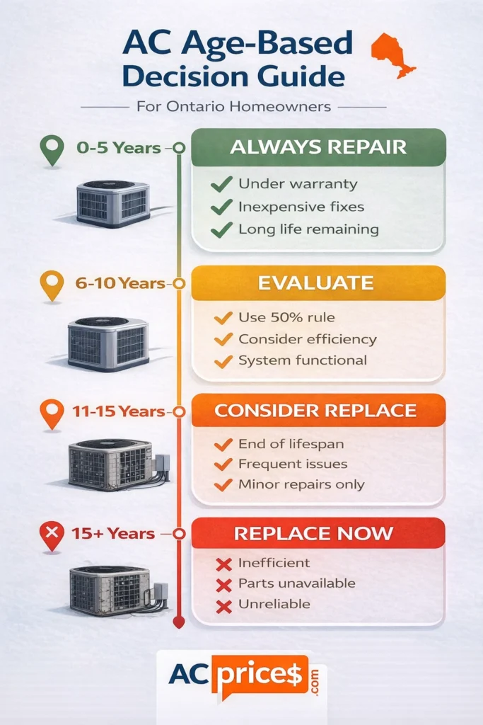 Age-based decision chart infographic for Ontario homeowners - when to repair or replace air conditioner by system age