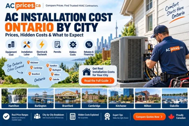 AC Installation Cost Ontario by City with realistic AC unit, technician, city prices, hidden costs, permits, and rebates.