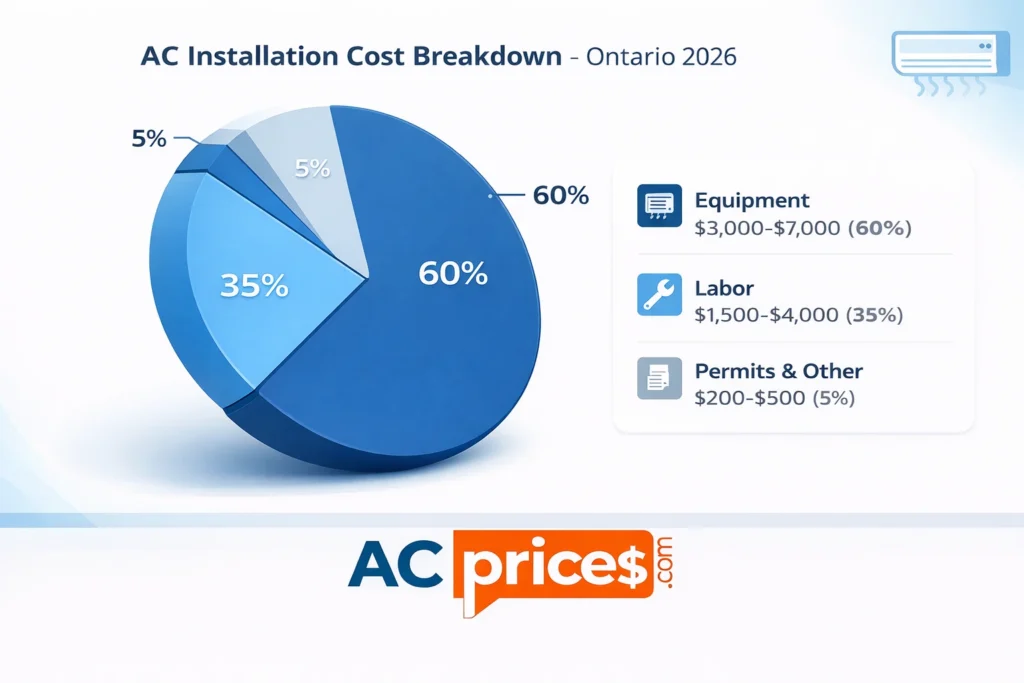 Central air installation cost breakdown showing equipment versus labor expenses Ontario