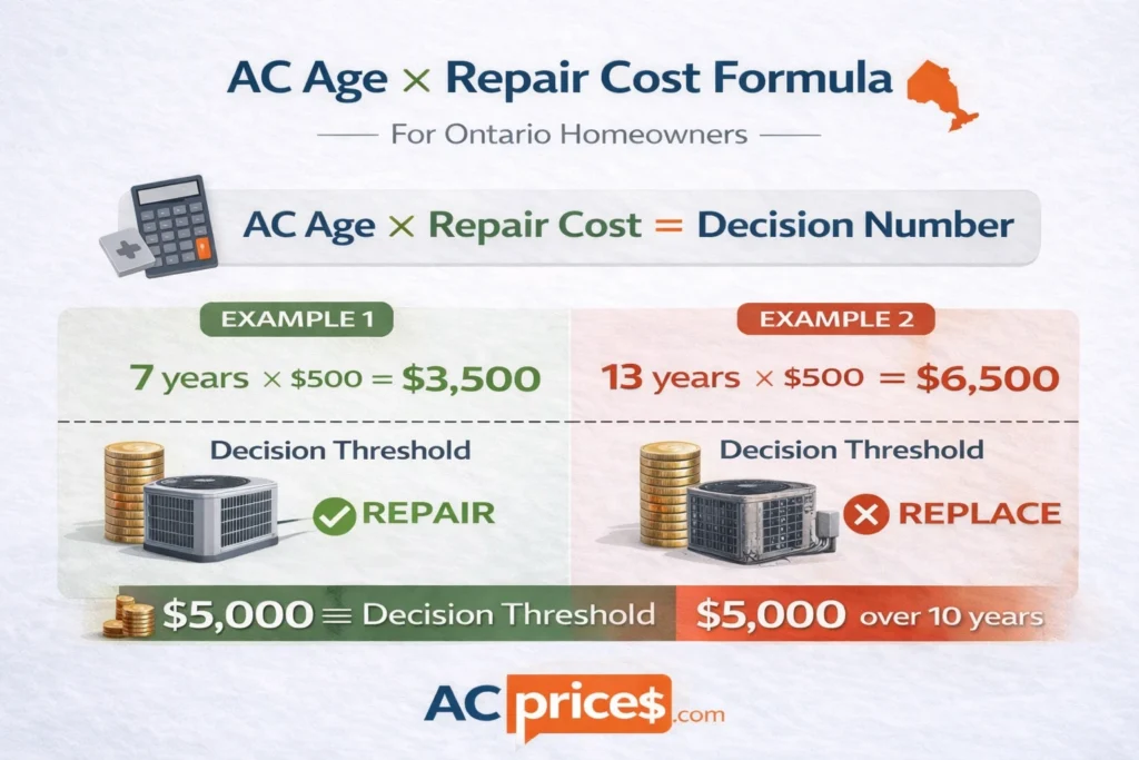 AC multiplication formula infographic for Ontario homeowners - age times repair cost decision calculator