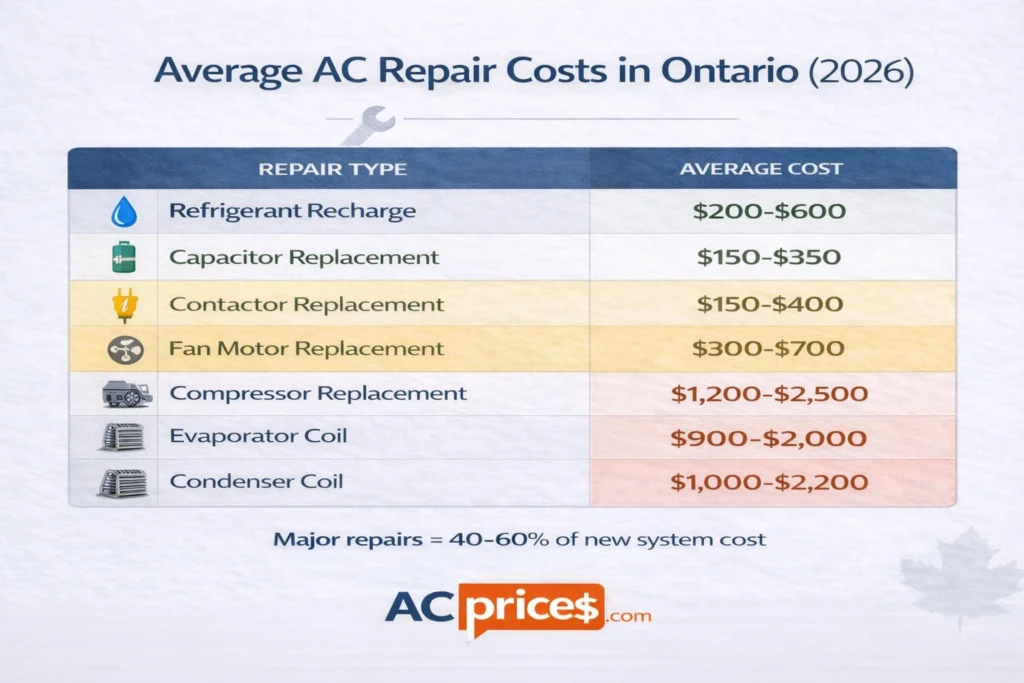 AC repair costs Ontario 2026 infographic showing average prices for common air conditioner fixes
