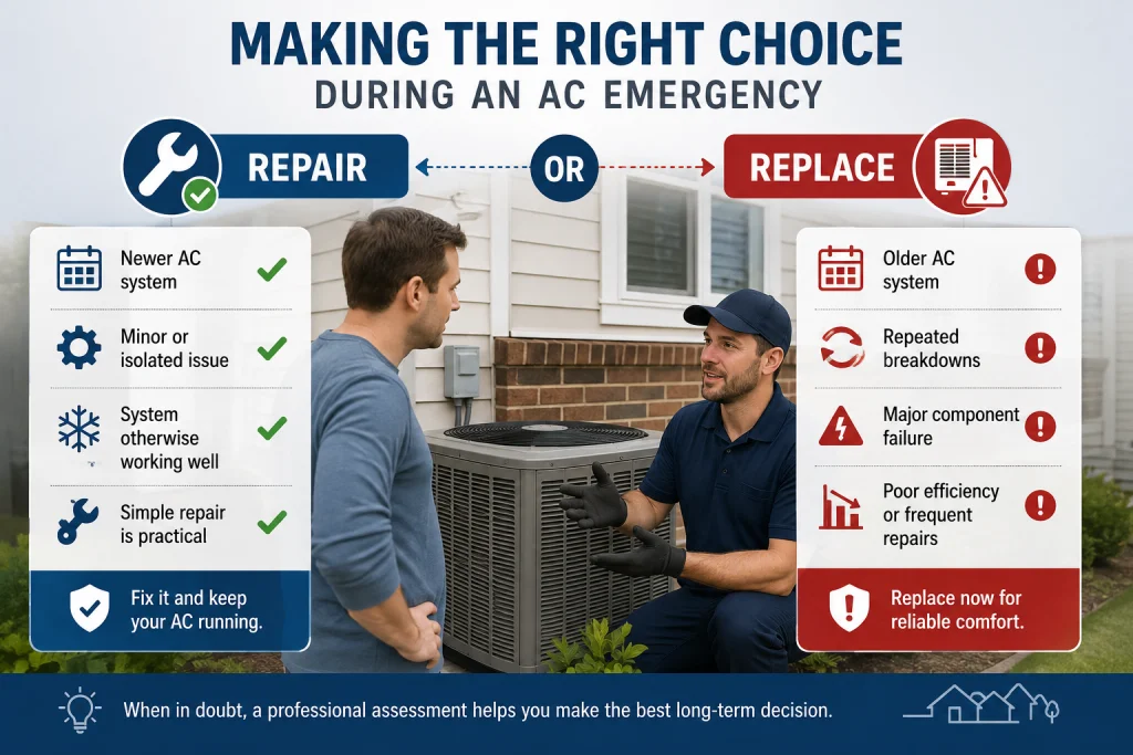 AC repair vs replacement during an emergency with Ontario homeowner and HVAC technician
