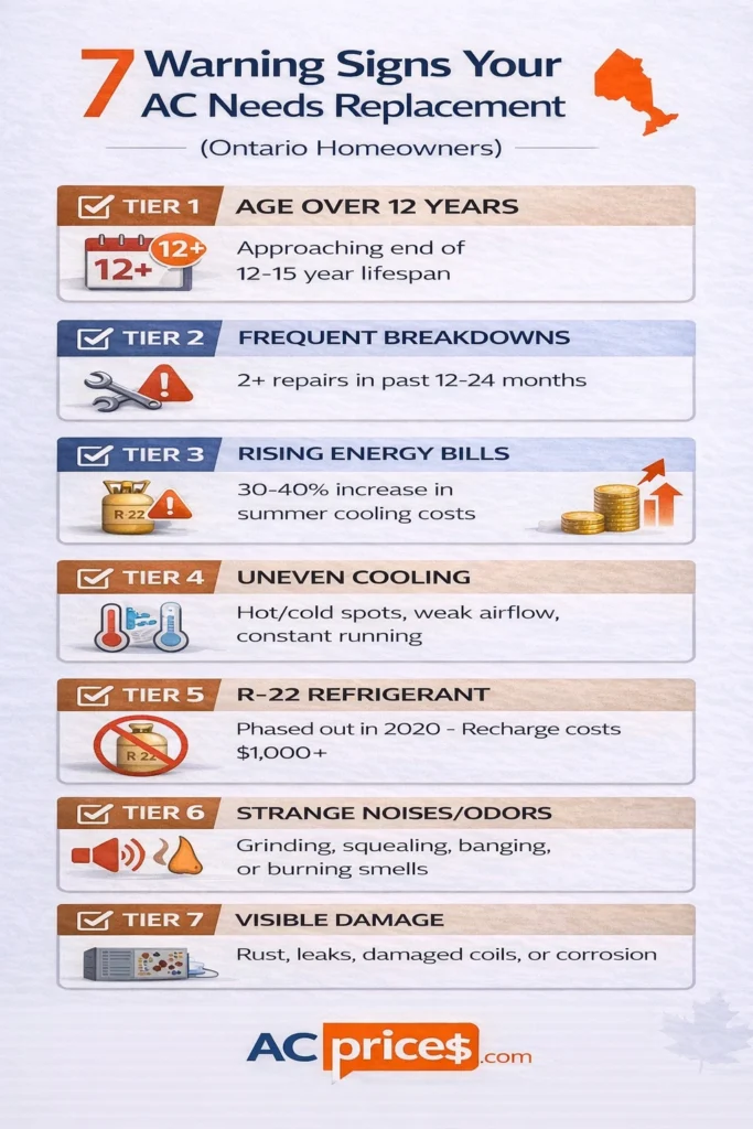 Seven warning signs AC replacement needed Ontario - diagnostic checklist infographic for homeowners
