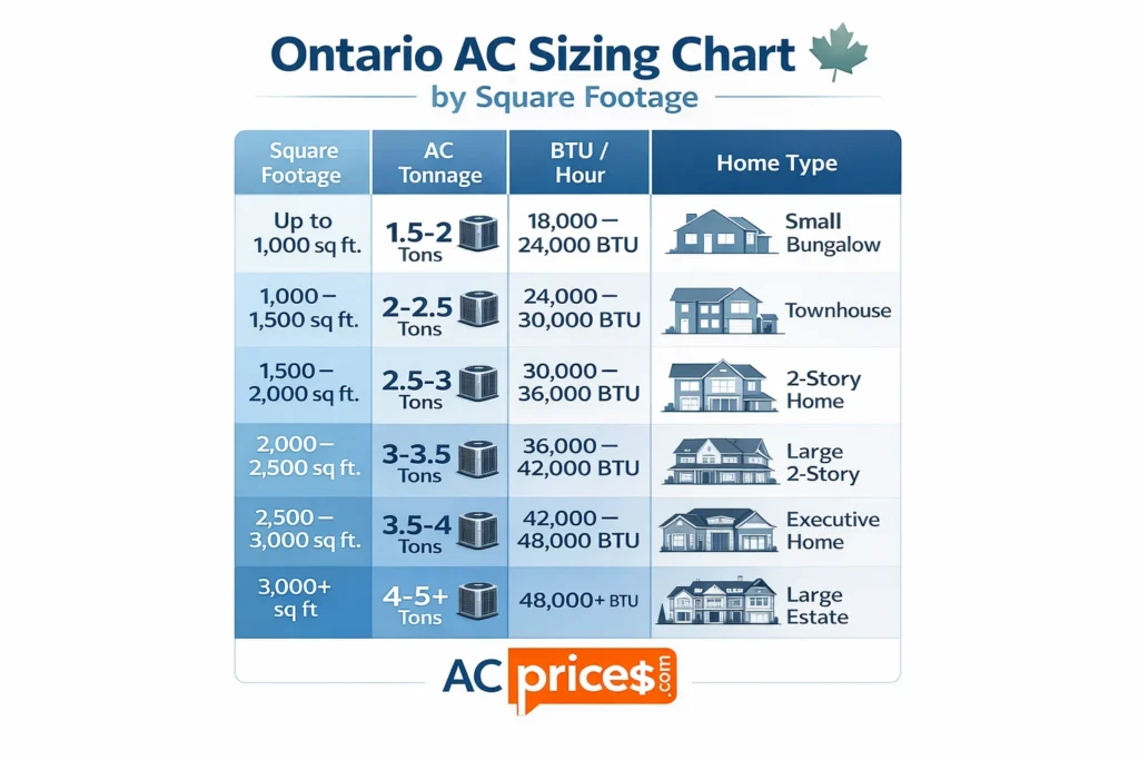 AC tonnage chart showing best AC size for home Ontario with 2-ton, 2.5-ton, and 3-ton recommendations by square footage