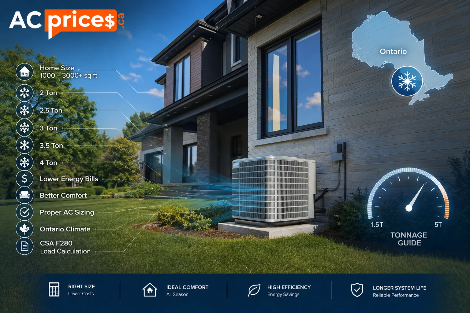 Best AC size for home Ontario showing central air conditioner tonnage recommendations by house size