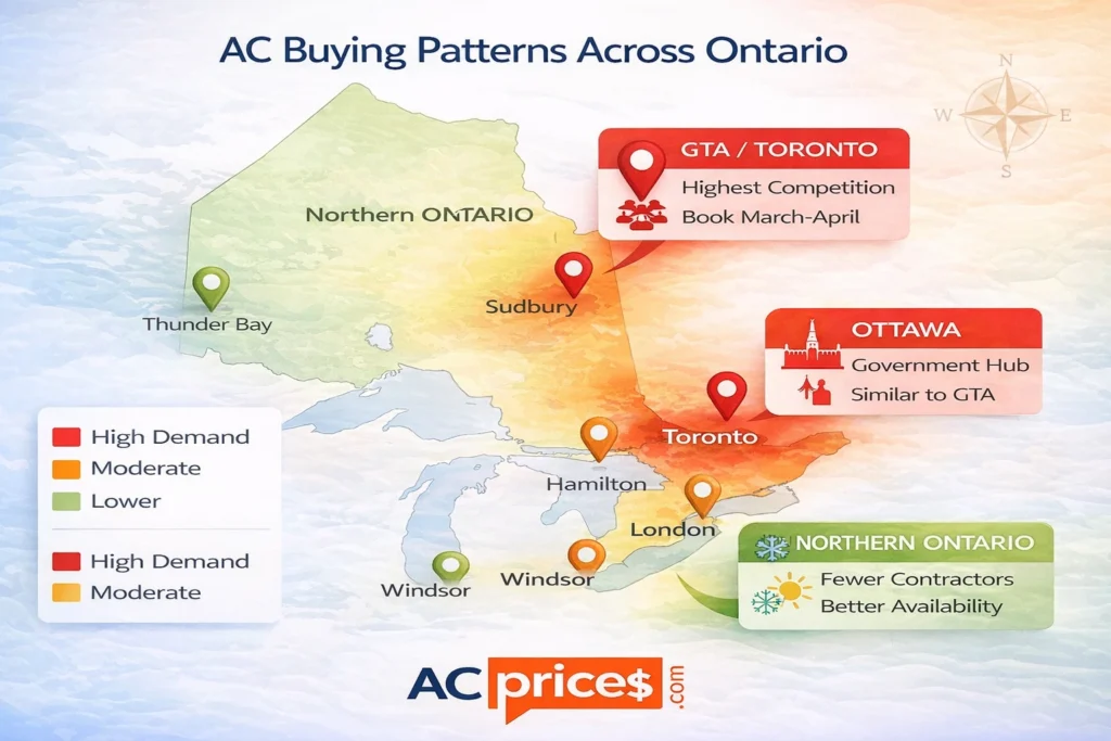 Ontario regional map showing AC buying patterns across GTA Toronto Ottawa Hamilton London Windsor Sudbury and Thunder Bay with demand intensity and optimal timing by city
