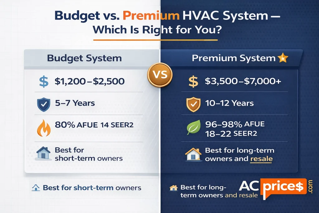 Budget vs premium HVAC system comparison for Oakville homeowners – cost, efficiency, warranty and ROI