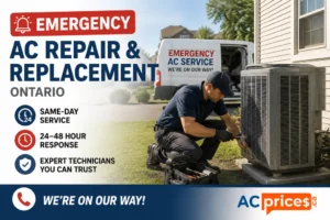 Emergency AC repair and replacement service in Ontario with HVAC technician servicing an air conditioner