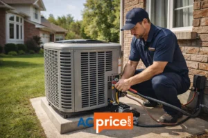 Emergency AC replacement service in Ontario - HVAC technician installing new air conditioner during summer heatwave