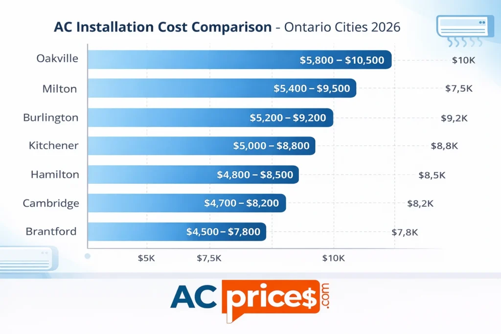 AC installation cost comparison across Ontario cities including Hamilton Burlington and Oakville