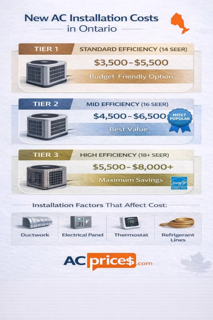 New AC installation costs Ontario infographic comparing standard, mid, and high-efficiency system prices
