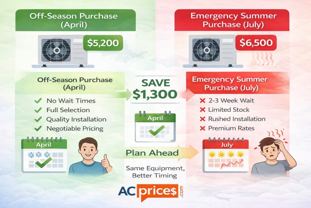 Side by side cost comparison showing April off-season AC installation at $5200 versus July emergency summer replacement at $6500 for same equipment in Ontario
