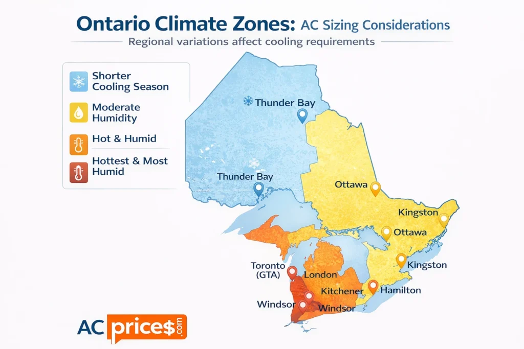 Map of Ontario showing regional climate variations affecting AC sizing calculator recommendations for different cities