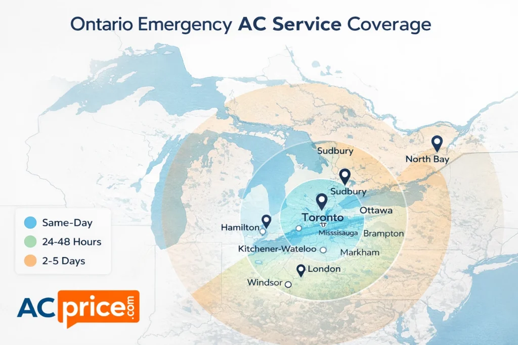 mergency AC replacement service coverage areas across Ontario including GTA, Ottawa, and major cities