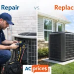 Repair or replace AC Ontario decision guide - HVAC technician repairing old unit versus new energy-efficient air conditioner installation