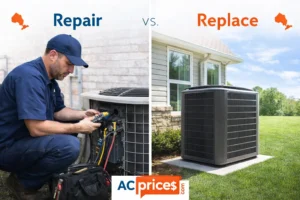 Repair or replace AC Ontario decision guide - HVAC technician repairing old unit versus new energy-efficient air conditioner installation