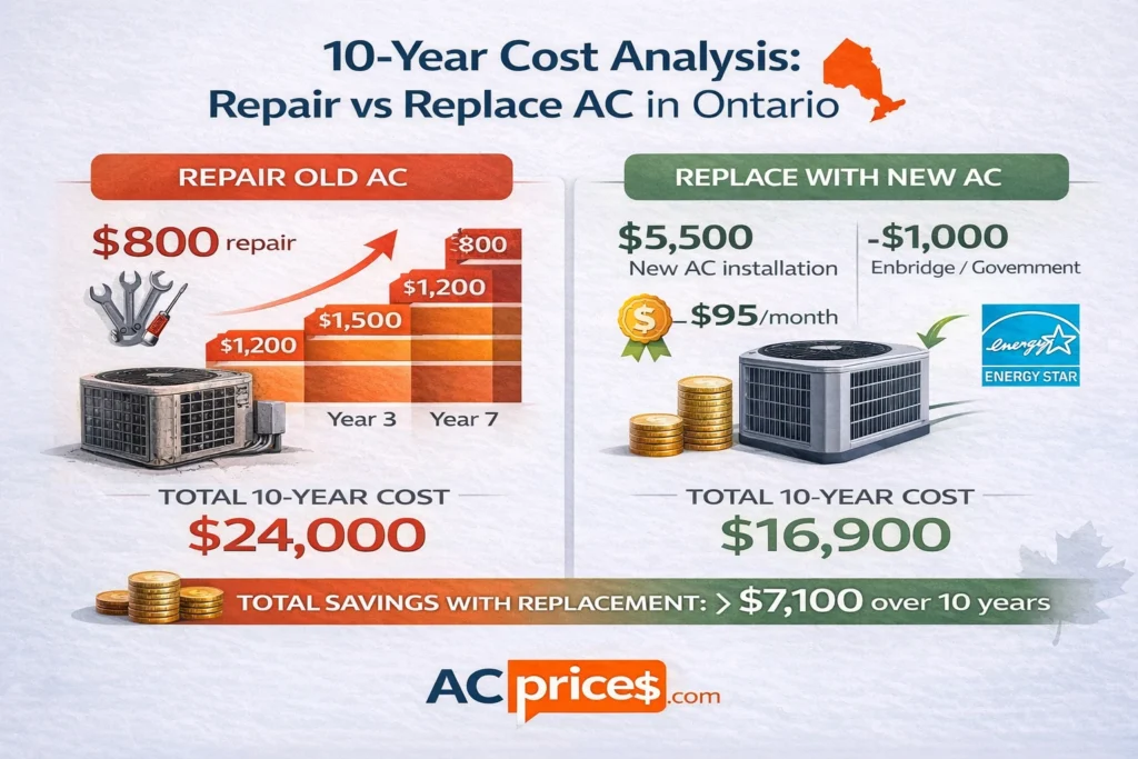 10-year cost comparison infographic repair vs replace AC Ontario showing total expenses and energy savings