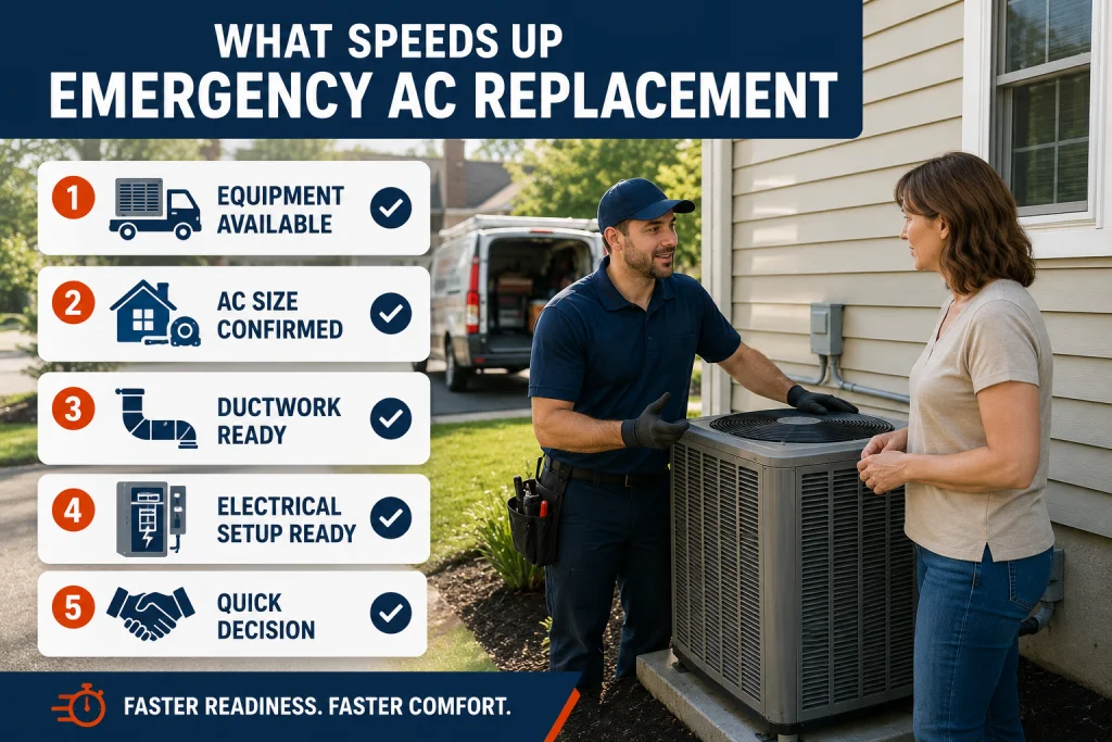 HVAC technician and homeowner discussing factors that speed up Emergency AC replacement in Ontario