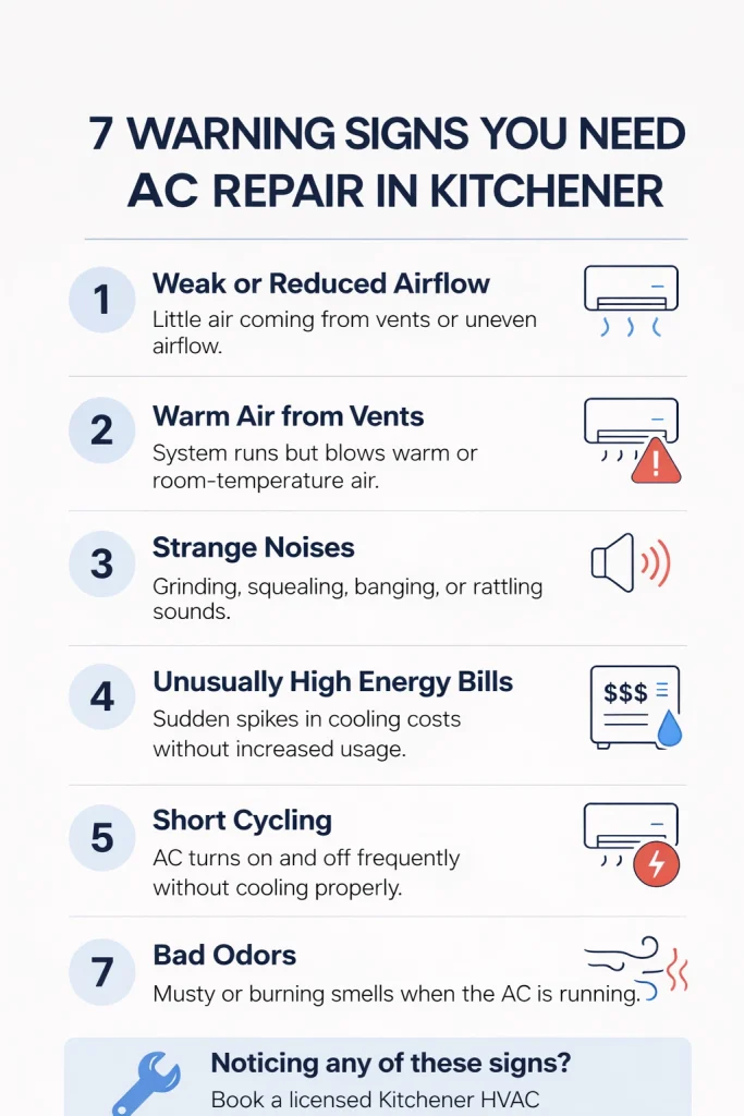 7 warning signs your AC needs repair in Kitchener including weak airflow, warm air, strange noises, and high energy bills