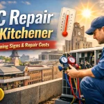 AC repair technician in Kitchener inspecting outdoor air conditioner unit with tools during summer heat