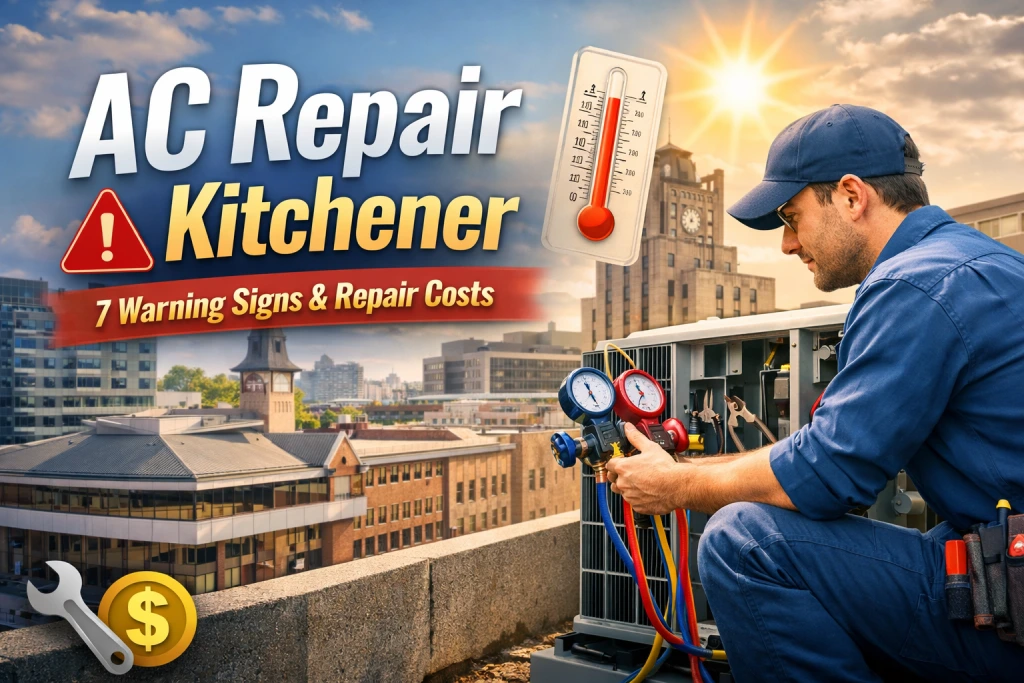 AC repair technician in Kitchener inspecting outdoor air conditioner unit with tools during summer heat