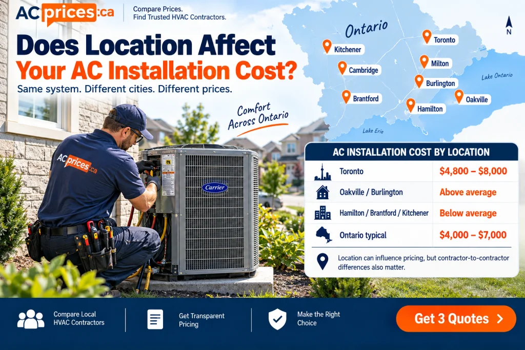 Ontario AC installation cost by city, comparing Toronto, Burlington, Hamilton, Brantford, Kitchener and nearby areas.