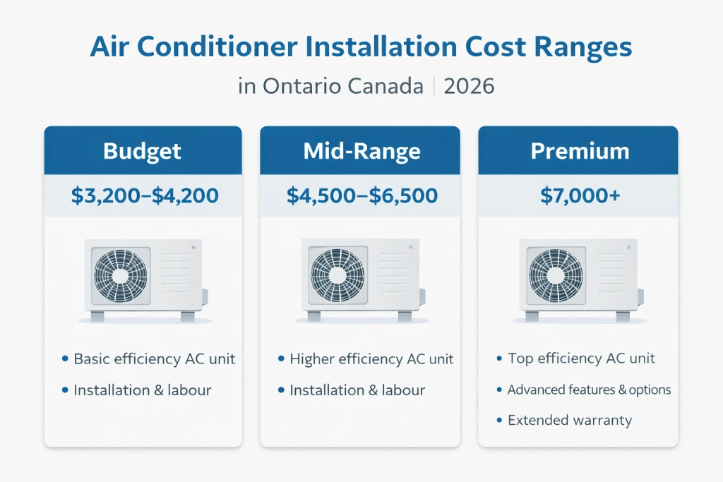 AC installation cost comparison chart Ontario 2026 – central AC vs ductless mini-split price ranges