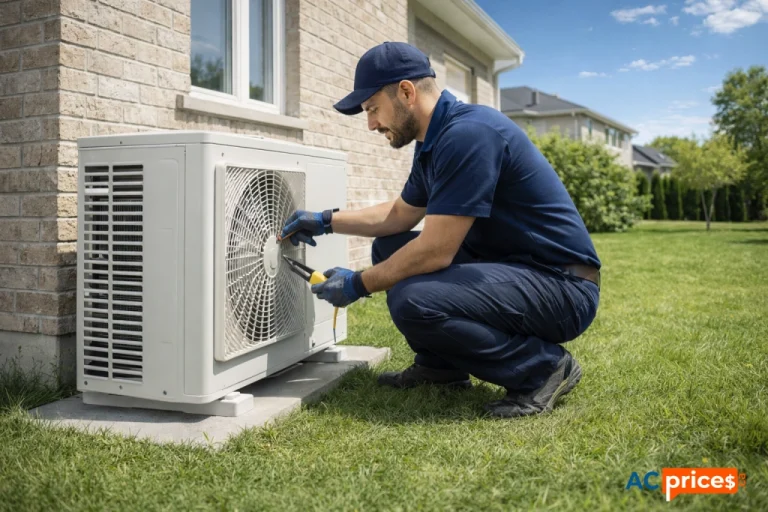 AC installation cost Ontario 2026 – HVAC technician installing central air conditioner in Ontario home