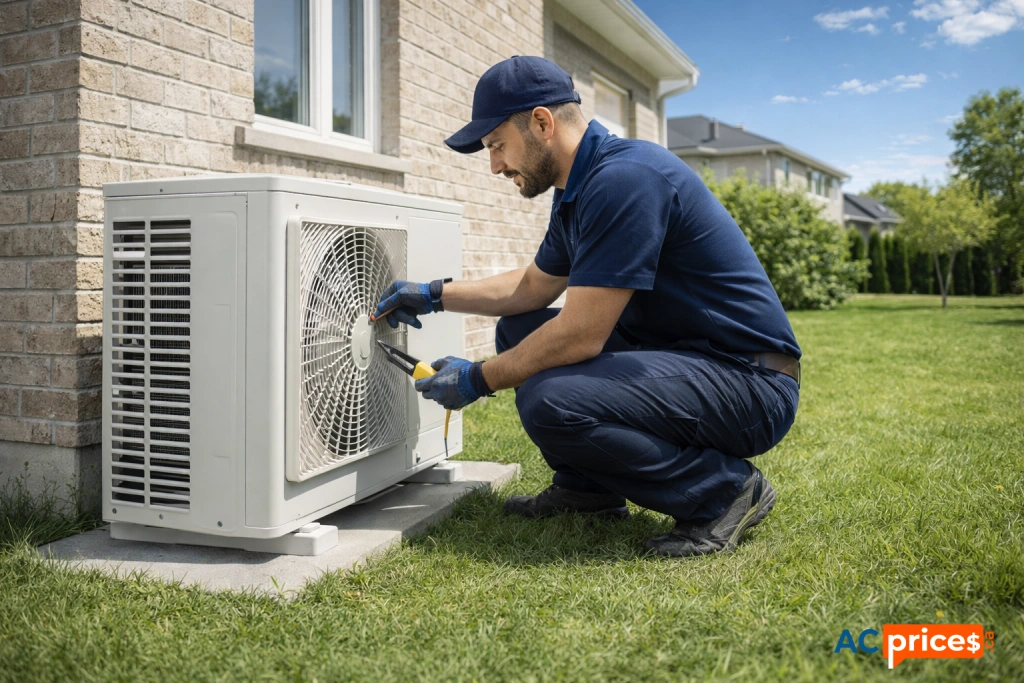 AC installation cost Ontario 2026 – HVAC technician installing central air conditioner in Ontario home