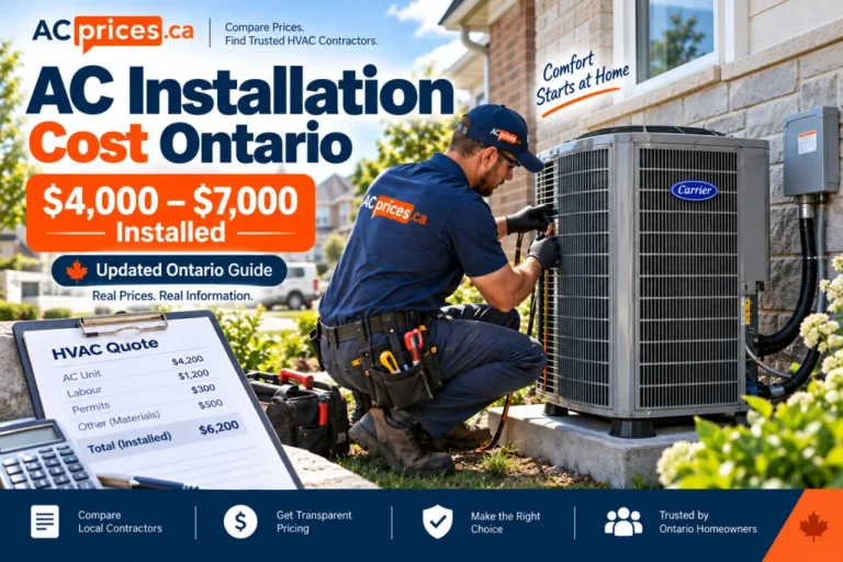 AC installation cost in Ontario showing a technician installing a central air conditioner at a Canadian home.