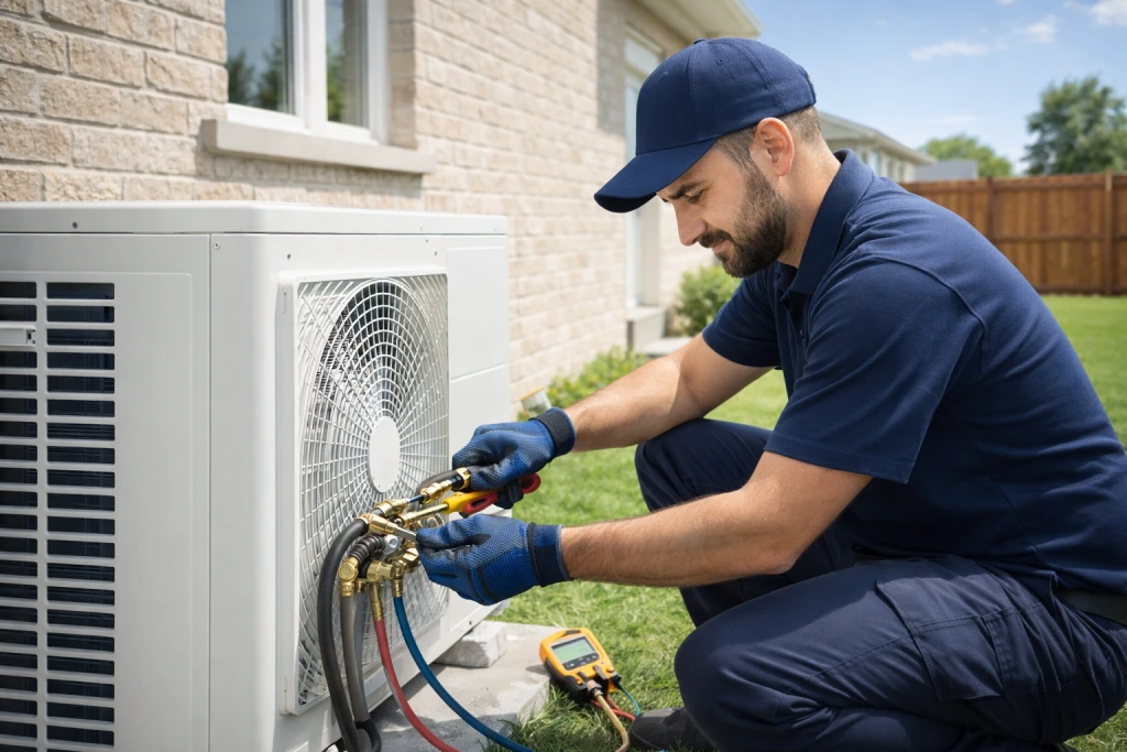 Licensed HVAC technician installing central air conditioner in Ontario residential home