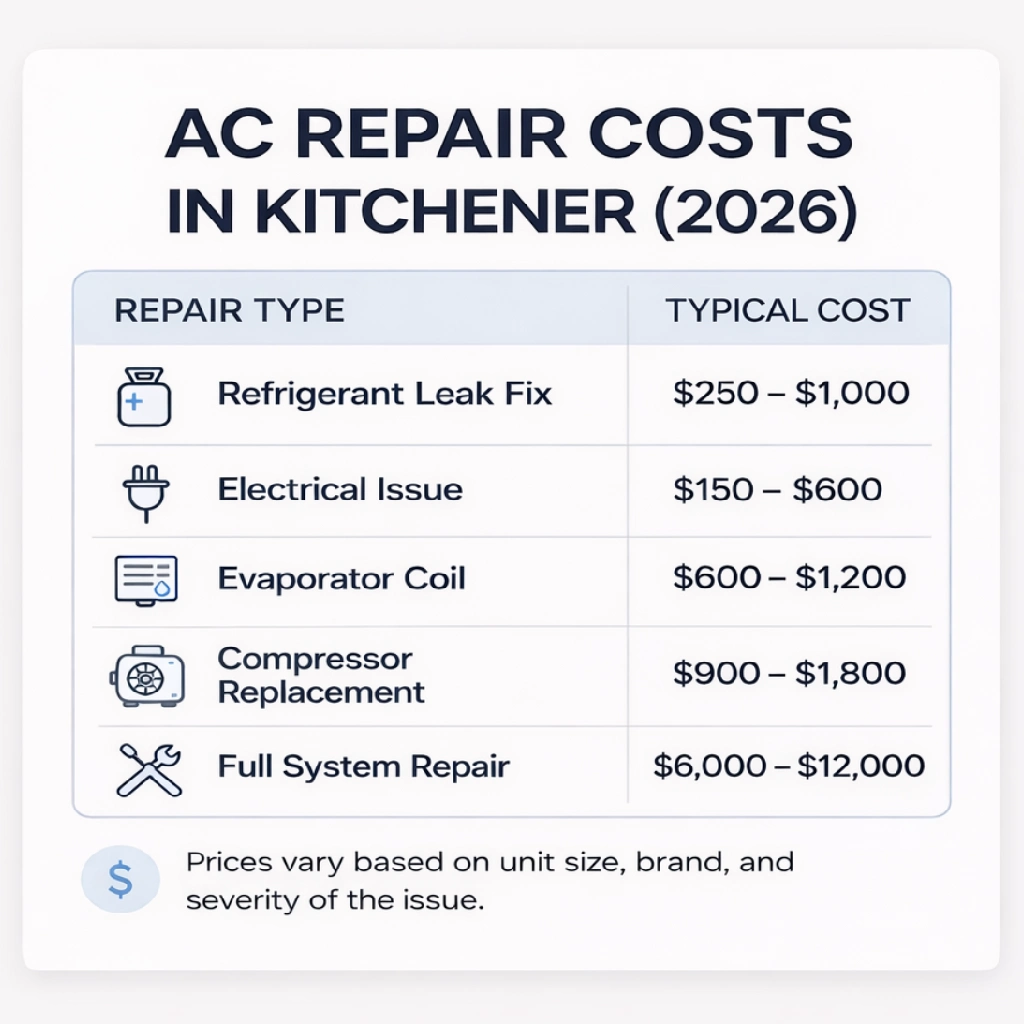 AC repair costs in Kitchener 2026 infographic showing typical prices for refrigerant leak fix, compressor replacement, and full system repair