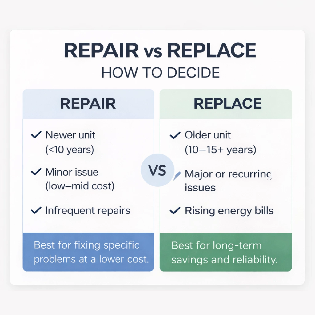 AC repair vs replace infographic showing when to repair or replace air conditioner based on age, cost, and system issues in Kitchener