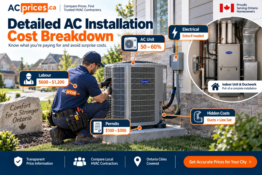 Detailed AC installation cost breakdown in Ontario showing equipment, labour, permits, electrical and hidden costs.