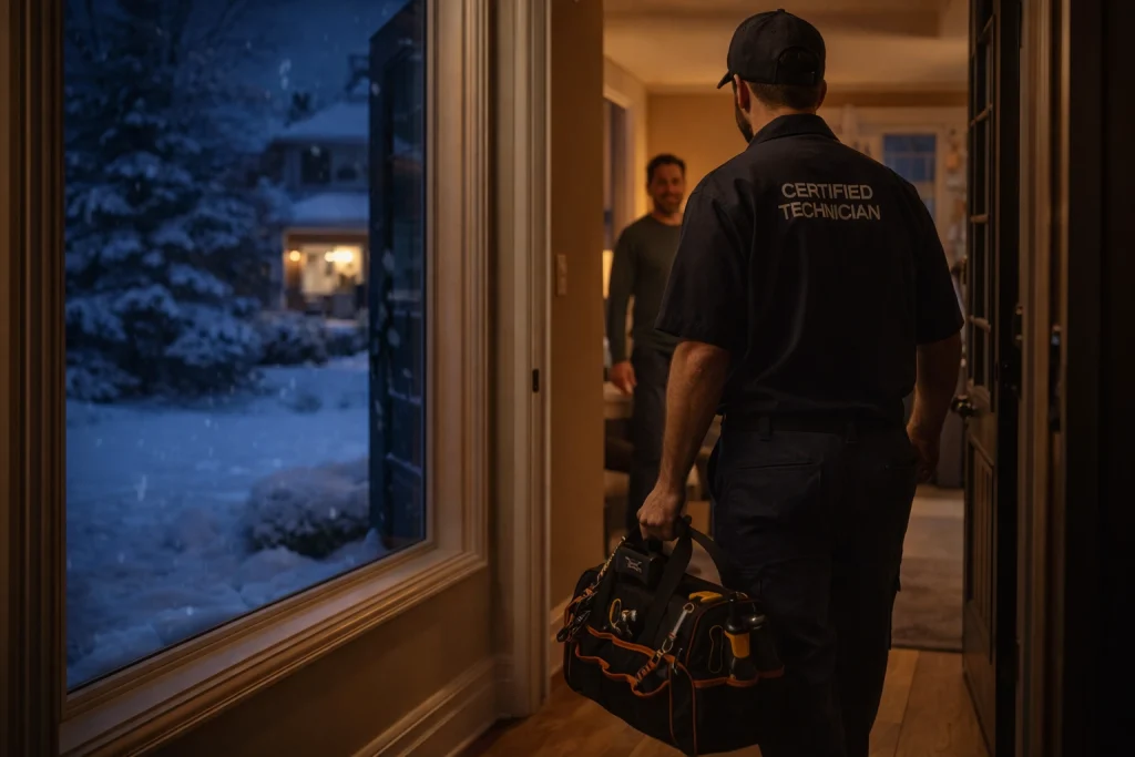 Emergency HVAC technician arriving for a winter furnace repair service call at an Oakville home