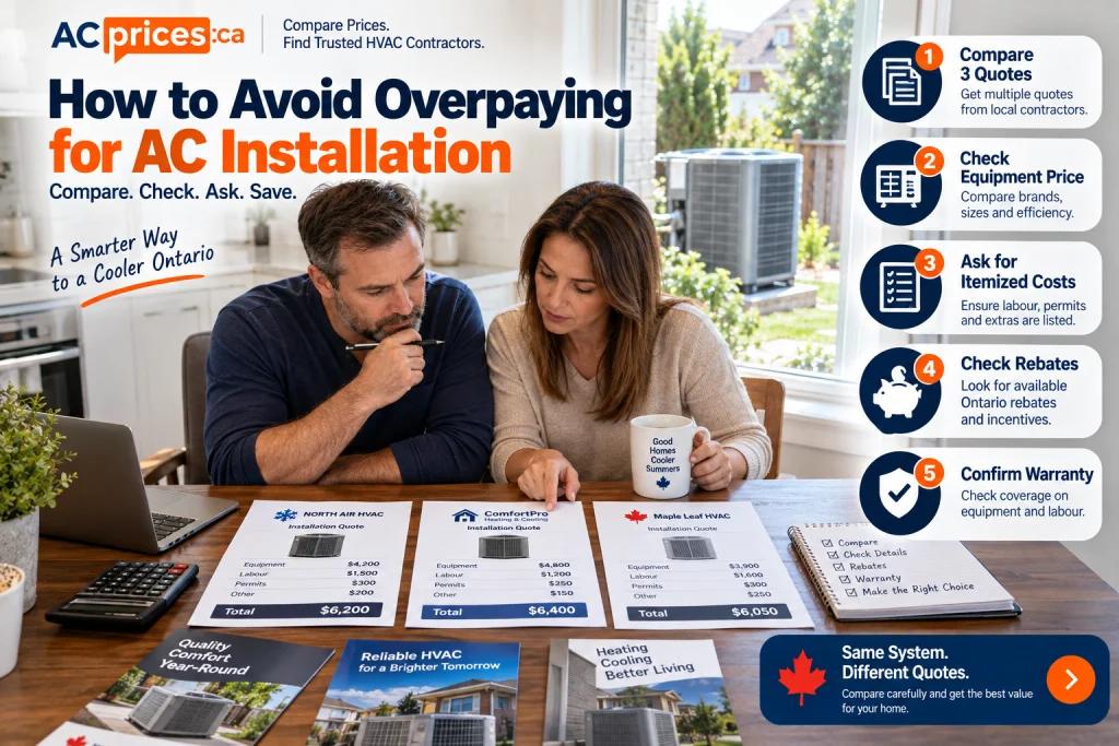 Show an Ontario homeowner comparing three AC installation quotes while the HVAC agent sits opposite, pointing at and explaining equipment prices, labour, rebates, warranties, and included costs.