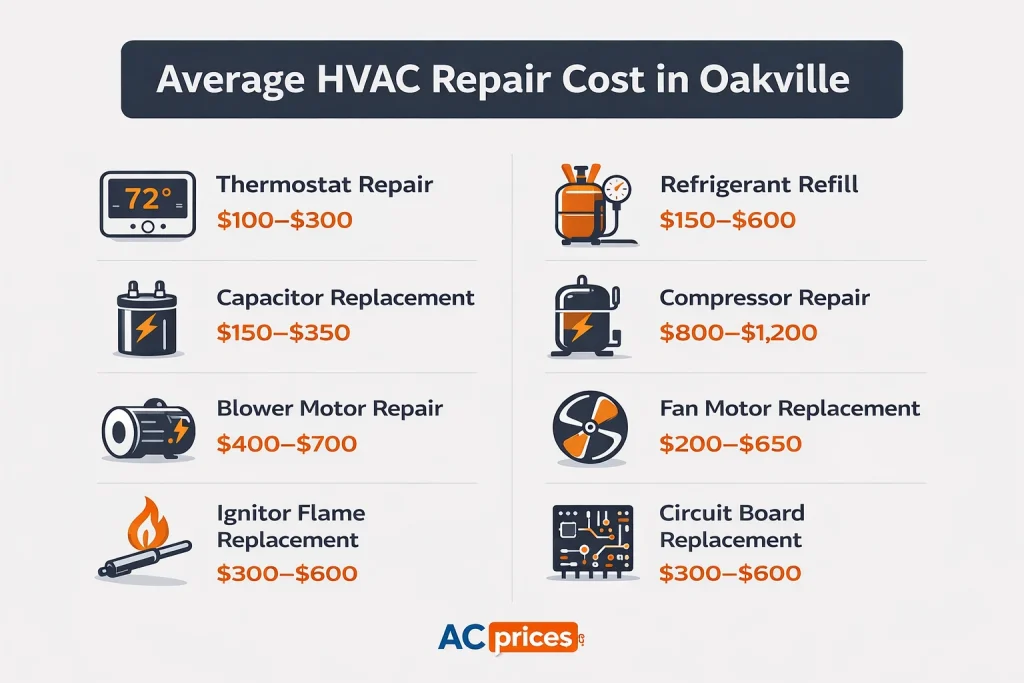 Infographic showing average HVAC repair costs by component for Oakville homeowners in 2026